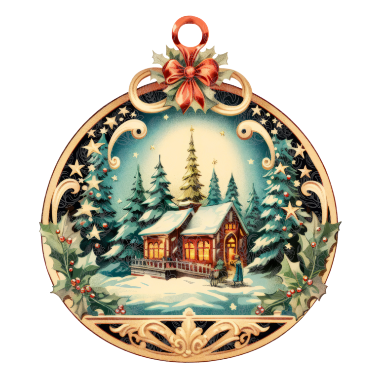 Vintage farm christmas ornament featuring snowy cabin pine trees holly and stars, Grey Barn Handwerk, Saskatchewan.